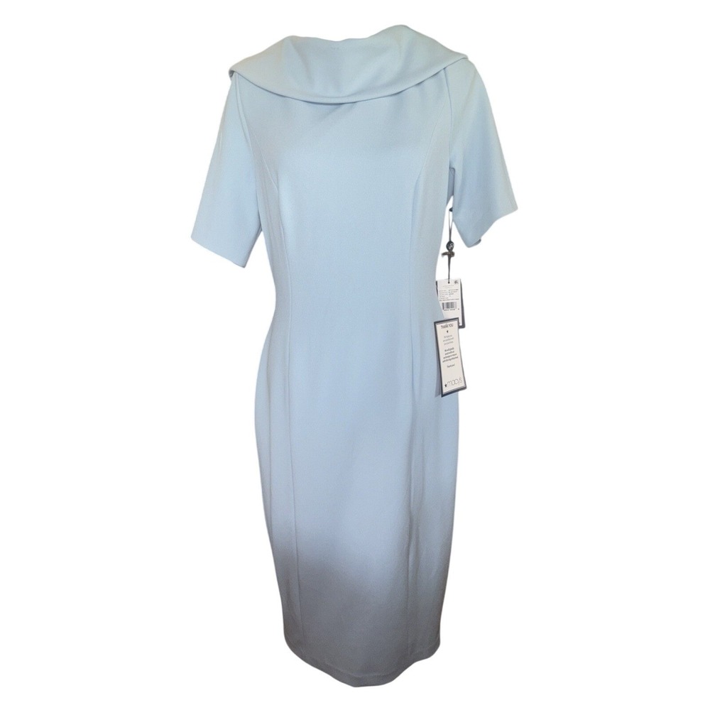 Adrianna Papell Dress With Roll Neck With V Back Short Sleeves Blue Size 12 NWT
